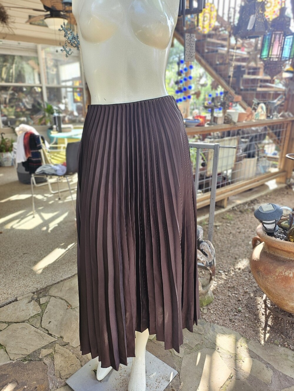 MNG Mango Pleated Midi Skirt in Dark Brown - Women's  XS Elastic Waist